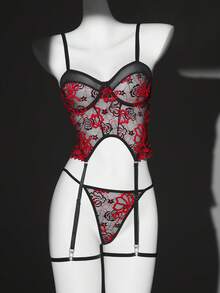 Seduluxe Classic, Elegant, Mature, Fashionable 2-Tone Lace Patchwork Mesh Garter Bra + G-String + 2pcs Leg Rings 4pcs Women Sexy Lingerie Set - Multicolor - View 5