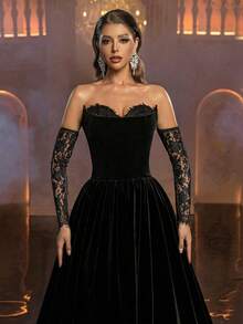 Glamrae Elegant Luxury Textured Off Shoulder Double Collar Ruffle Lace Trim A-Line Women's Party Dress, Evening Dress, Mesh Dress, Valentine's Day - Black - View 4