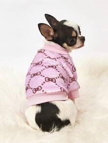 PETSIN 1件印花蝴蝶结法兰绒卫衣，宠物秋冬加厚保暖粉色款 - 粉色 - 查看 3