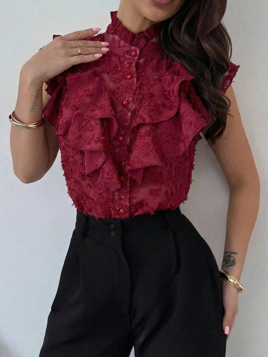 Firerie Áo kiểu nữ thanh lịch, tối giản, tinh tế, lãng mạn, thích hợp mặc đi làm hàng ngày, dự tiệc Valentine, đi nghỉ mát, nhiều lớp bèo nhún, cài nút, chất liệu vải có họa tiết, không tay, dáng rộng, mỏng nhẹ, màu mơ. - Màu Đỏ Sâu - Xem 1