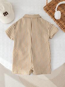 SHEIN Newborn Baby Boy Brown And White Polka Dot,Summer,Casual,Cute,Family Matching Color Block Lapel Romper,Collegiate Style Birthday Party Wedding Outfit - Multicolor - View 2