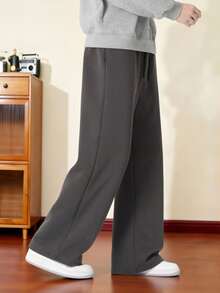 Manfinity Hypemode Men's Letter Print Drawstring Waist Pockets Wide Leg Loose Casual Pants - Dark Grey - View 3