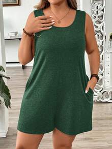 SHEIN LUNE 大码纯色斜插口袋圆领休闲针织无袖连体衣 - 軍綠色 - 查看 3