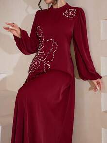 Al Najma Burgundy Elegant Beaded Lantern Sleeve Flared Hem Dress, Slimming, Spring/Summer - Burgundy - View 7
