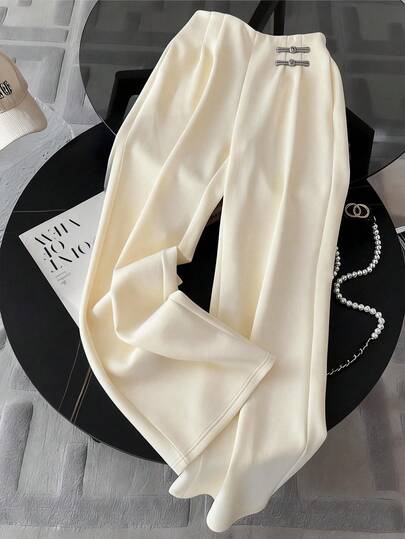 GlowEve 休闲褶皱搭扣装饰阔腿杏色女士运动裤