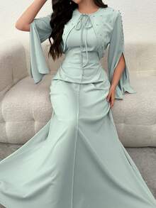 Modelyn 2pcs Women's Elegant Short Jacket With Rhinestones & Fitted Dress Set, Spring/Summer - Mint Green - View 6