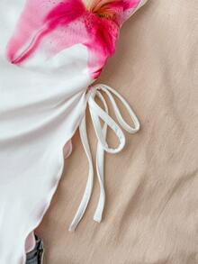 SHEIN Tween Girls White Knit Floral Print Asymmetrical Hem Tube Top Camisole With Drawstring, Spring/Summer - White - View 5