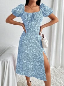 Breezaya Women's Ditsy Floral Tie Front Puff Sleeve Side Slit Hem Elegant Romantic Vacation Dress - Blue and White - View 5