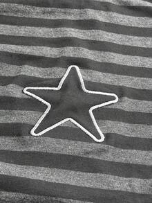 ROMWE Grunge Punk Women's Side Drawstring Striped Print Star Embroidery Skinny Round Neck T-Shirt, School - Black - View 6