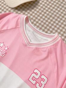 SHEIN Girls' Pink Sports Jersey Short Sleeve T-Shirt - Multicolor - View 4