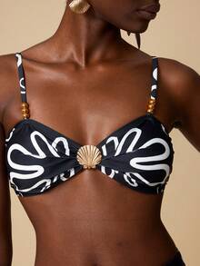 Écloséra Women's 2-Piece Simple Line Pattern Printed Shell Decor Spaghetti Strap Top And High Waist Triangle Bikini Set - Black and White - View 5