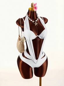 Amplova Women's Halter Neck One-Piece Swimsuit With Mesh Splice, Sexy Backless Design Vacation Outfit Vacation Outfits Women Holiday Outfits For Women - Apricot - View 1