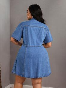 Slaydiva Plus Size Women's Short Sleeve Mini Denim Dress, Spring Outfits - Medium Wash - View 2