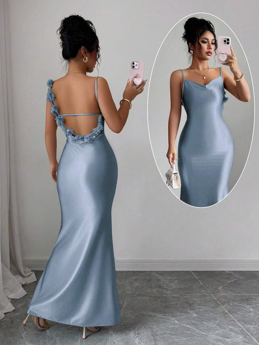 Elenzga 女士优雅夏季晚礼服，3D立体花卉图案，缎面吊带露背修身连衣裙，适合正式晚宴、派对等场合，尽显奢华气质。 - 藍色 - 查看 1