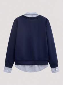 Open Phase 男士休闲拼接条纹纽扣领长袖polo衫，适合秋、冬、春季穿着 - 藏蓝色 - 查看 2