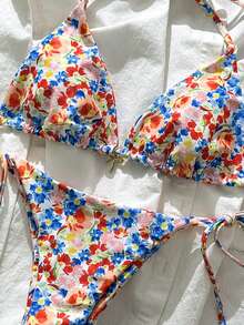 Swim Mod 2件套 女士夏季随机印花露背蝴蝶结吊坠比基尼泳衣套装 - 彩色 - 查看 4