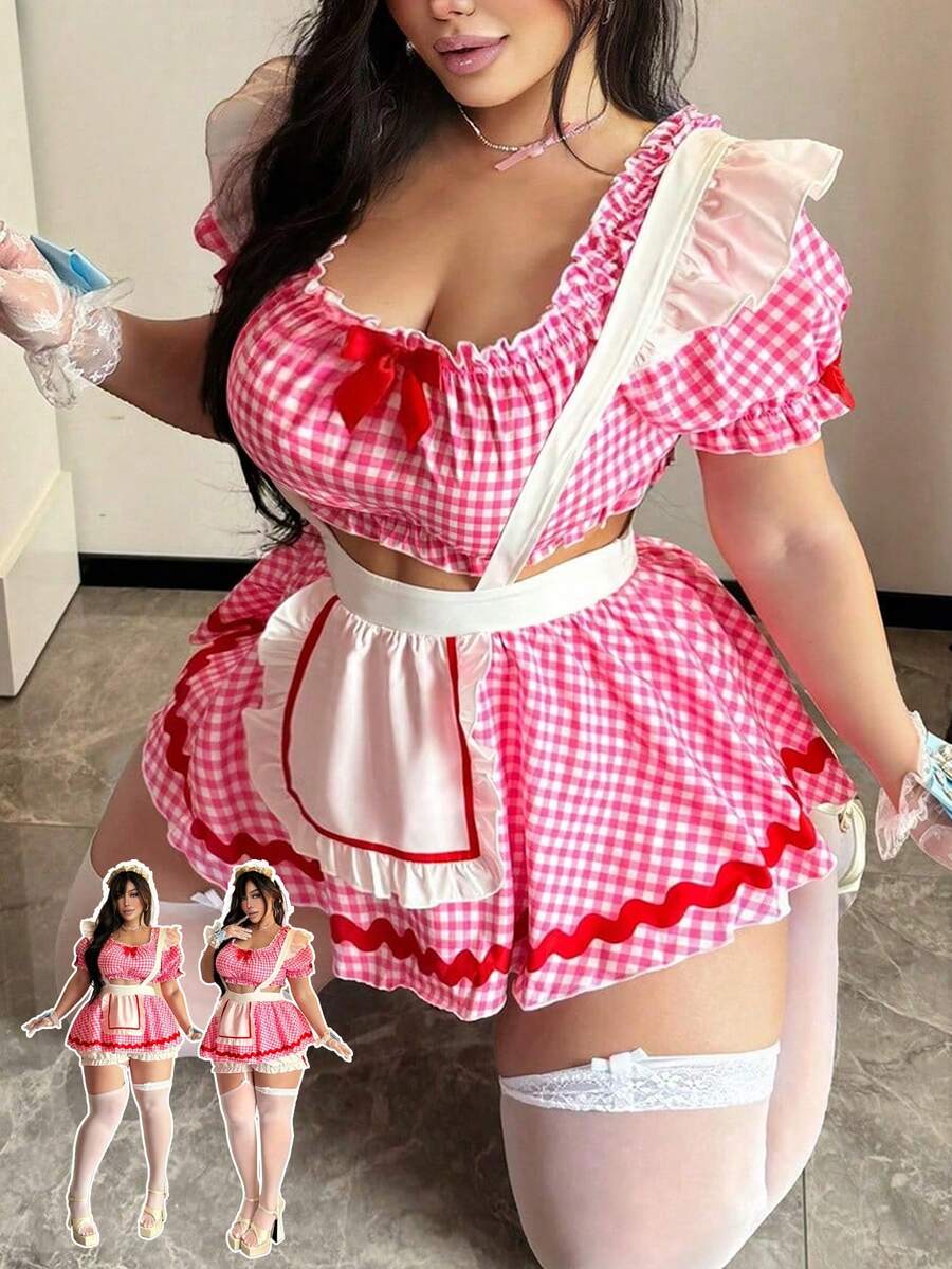 Vibekara Bộ đồ nữ cỡ lớn dễ thương, ngọt ngào, thường ngày, màu hồng kẻ caro, tay ngắn, thích hợp cho kỳ nghỉ hè. - Hồng - Xem 1