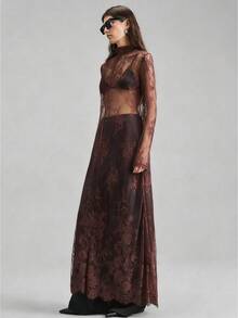 Ontre 2026春夏女士棕色薄纱蕾丝连衣裙，都市通勤商务休闲海滩度假优雅连衣裙，适合音乐节、情人节、夏季等场合 - 棕色 - 查看 5