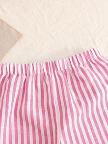 SHEIN Bộ đồ nữ sinh trẻ phong cách thường ngày, thích hợp cho kỳ nghỉ, đi học, đường phố: áo hai dây dáng chữ A phối họa tiết kẻ sọc và quần ống rộng phối họa tiết. - Hồng - Xem 8