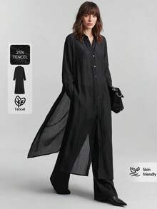 Ontre 2026 Spring/Summer New Women's Long Dress, Spring/Summer Clothing, Back To School, Women's Apparel, Christmas Outfit, Women's Teacher Uniform, Night Out Outfit, Business Casual, Women's Black Textured Long Sleeve Long Shirt Dress, Black Dress, Fashionable Versatile Bestselling Women's Long Dress - Black - View 1