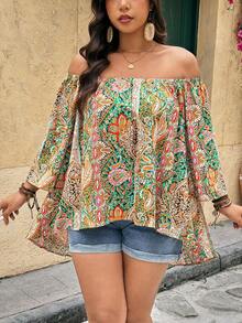 Breezaya 大码女式极简时尚梭织七分袖露肩复古宽松衬衫，适合休闲场合，包括女士上衣和衬衫、夏季波西米亚风穿搭以及夏季女式上衣。 - 彩色 - 查看 3