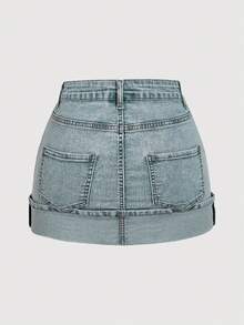 SHEIN MOD Chân váy ngắn denim nữ kiểu dáng thường ngày, đa năng, có túi và gấu xắn. - Rửa nhẹ - Xem 2