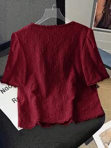 Everyssa 女士纯色短袖衬衫，通勤款 - 紅色 - 查看 2