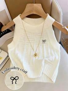 Resyla Women's Bow Embroidery Casual Versatile Halter Knit Top - White - View 1