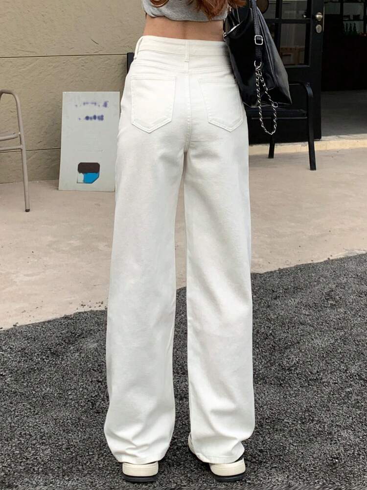 Women's Solid Color Casual Wide Leg Loose Pocket Korean Style Jeans