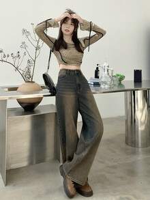 DAZY 女士宽松韩版水洗休闲牛仔裤 - 藍色 - 查看 7