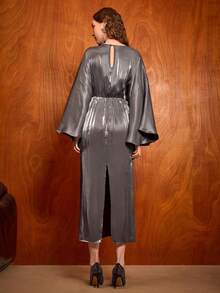 Uhlyne Women's Boat Neck Bat Sleeve Elegant Luxurious Party Dress - Grey - View 4