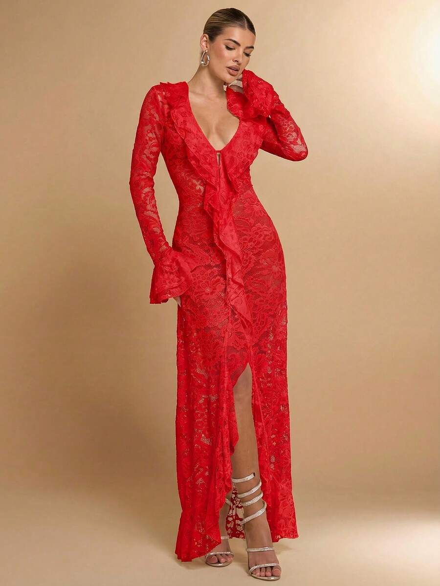 SHEIN BAE Đầm nữ màu trắng trơn, gợi cảm, đơn giản, thanh lịch, tay dài, xếp ly, cổ chữ V sâu, ren, thích hợp cho kỳ nghỉ hè đầu xuân, ngày lễ tình nhân, dự tiệc, hẹn hò lãng mạn, đám cưới, phù dâu, dạ hội, đi làm hàng ngày, sinh nhật, ngày lễ. - Đỏ - Xem 1