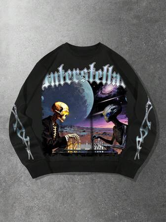 Street Life Felpa casual da uomo con stampa di lettere aliene, vestibilità ampia, girocollo, maniche lunghe