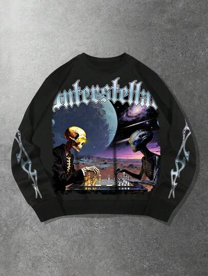 Street Life Men's Casual Loose Fit Alien Letter Print Crew Neck Long Sleeve Sweatshirt