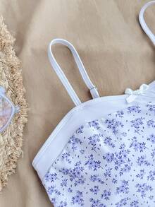 SHEIN Bộ bikini họa tiết hoa nhí buộc cổ yếm phối màu tương phản dành cho thiếu nữ, bộ bikini kín đáo. - Màu xanh lam - Xem 4