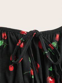 SHEIN EZwear 大码女式樱桃印花前系带连体裤连衣裙 - 黑色 - 查看 4