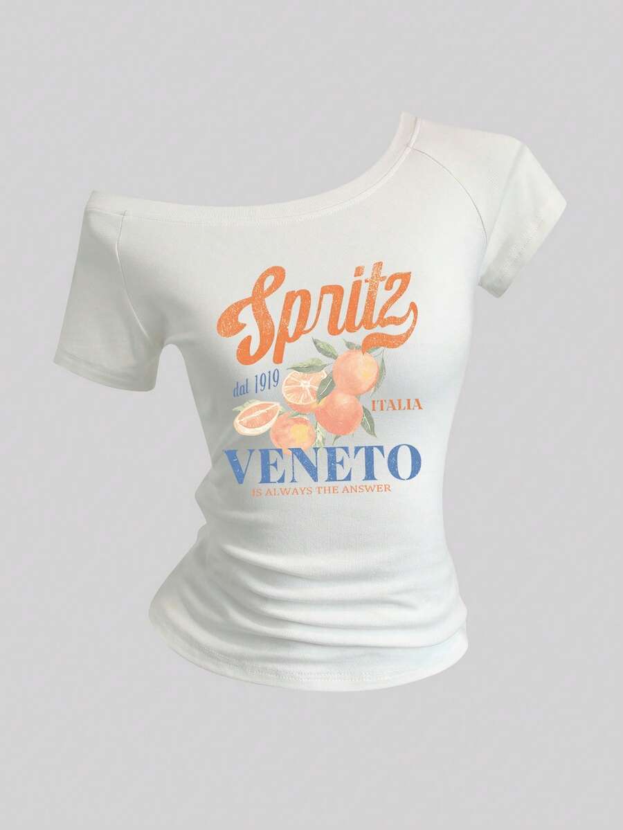 SHEIN Sweetro Women's Summer Slim Fit Asymmetrical Shoulder T-Shirt, Cocktail Orange Italian Beach VENETO Basic One-Shoulder White Top Tee - White - View 1