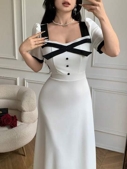 Celisse 女士撞色方领修身优雅短袖连衣裙