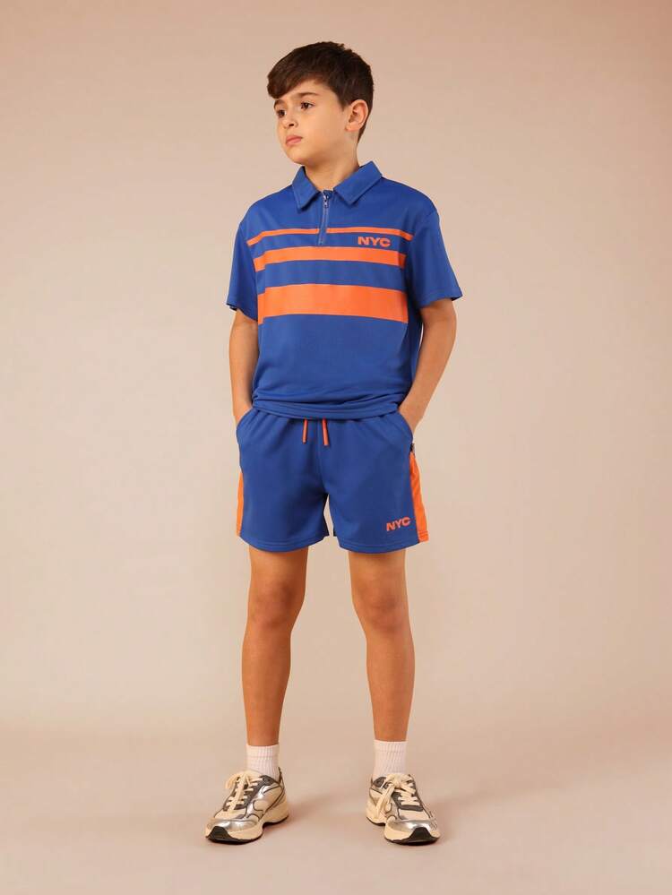 Zip Through Polo And Shorts Set With Stripe Detail