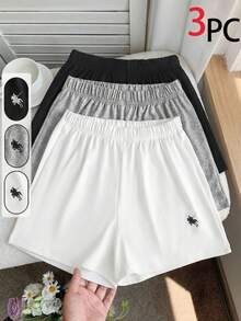 3 pièces Short décontracté pour adolescente avec taille à cordon de serrage, décoration de logo brodé en couleur contrastée, polyvalent et adapté pour l'été, les activités de plein air et la fitness. Coupe ample. - Multicolore - Voir 2