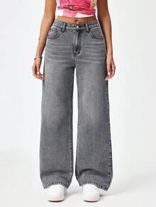 SHEIN Unity Plus Size Y2K Women Loose Fit Straight Leg Jeans, Vintage Washed Gray Casual Cowboy Outfits High Waisted Denim Pants - Grey - View 1
