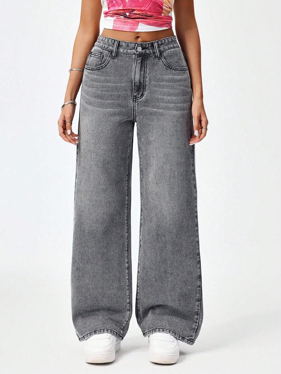 SHEIN Unity Plus Size Y2K Women Loose Fit Straight Leg Jeans, Vintage Washed Gray Casual Cowboy Outfits High Waisted Denim Pants - Grey - View 1