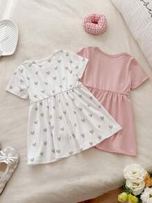 女婴两件套夏季粉白撞色圆领短袖A字连衣裙，可爱甜美风格，针织面料 - 彩色 - 查看 2