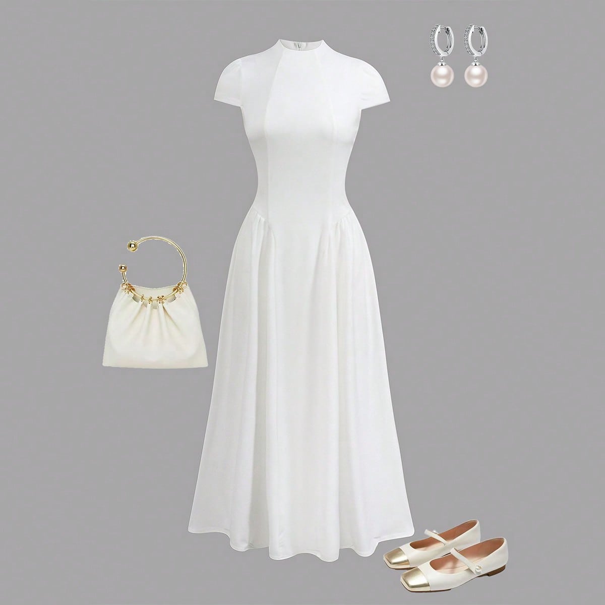 Vestido de unicolor con cuello, manga corta y cintura ceñida, elegante para adolescentes