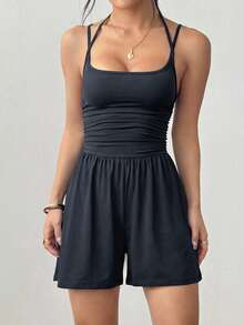 Flirla Women's Casual Pleated Loose Straight Leg Jumpsuit, Black, Spring/Summer - Black - View 7