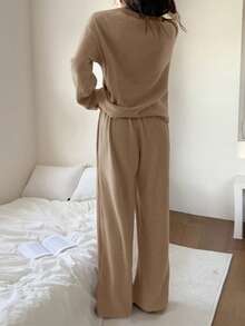 DAZY 2pcs Women Casual Striped Textured Fleece Cardigan And Pants Pajama Set, Suitable For Spring - Camel - View 2