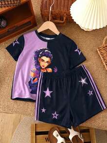 SHEIN 两件套扎染花卉、爱心、豹纹印花少女休闲简约短袖上衣和短裤套装，适合夏季、海滩、复古、休闲、度假、可爱、Y2K、椰子女孩、波西米亚风、音乐节等场合。