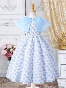 1 Piece Of Girls' Sweet And Fresh Style Thin Gauze Collar Mid-Length Dress With Blue And White Pattern Texture Sleeveless Dress Daily Spring And Summer Party Dress For Party And Gathering - Blue - View 1