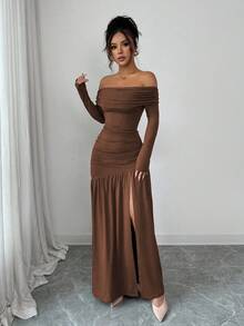 Elenzga 女式复古优雅露肩修身长袖针织连衣裙，适合秋冬季、万圣节 - 咖啡棕 - 查看 3