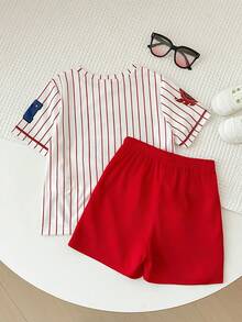 男童条纹休闲T恤短裤两件套 - 彩色 - 查看 2